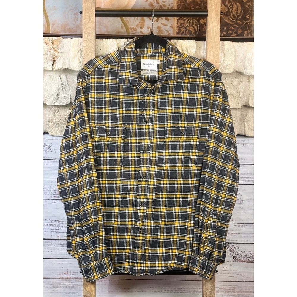 Goodfellow & Co Mens Yellow Black Plaid Flannel Button Down Shirt Large